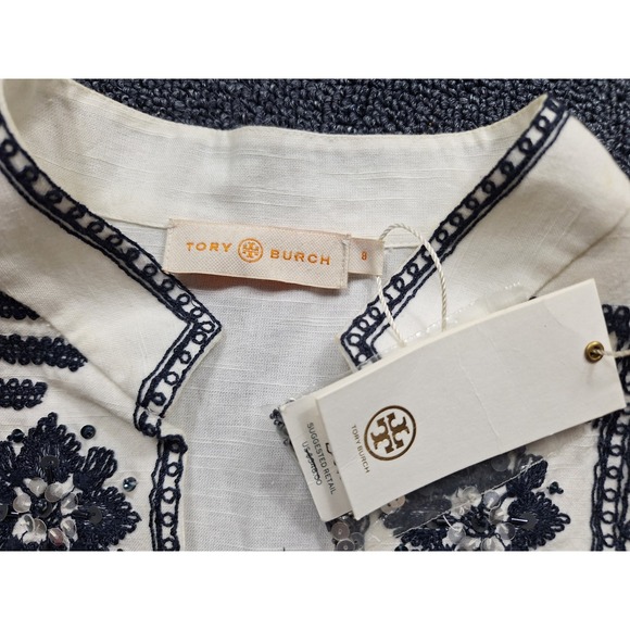 Tory Burch Embellished Embroidered Tunic Blue White Size 8‎ NWT - Picture 11 of 13